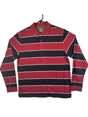 NWT St. Johns Bay Sueded Jersey Men's M Red Navy Striped Long Sleeve Polo Shirt